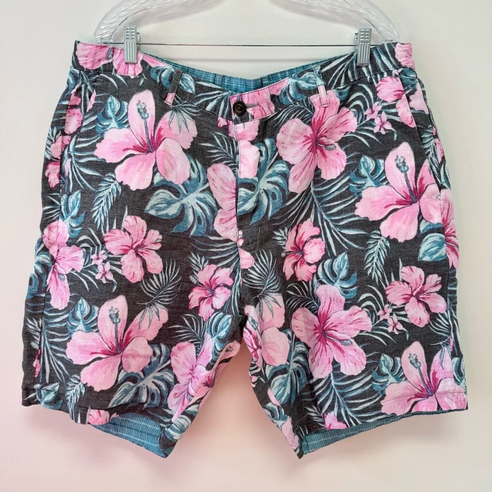 Tommy Bahama 100% Linen‎ Reversible Shorts Blue Stipe, Pink & Green Tropical 40